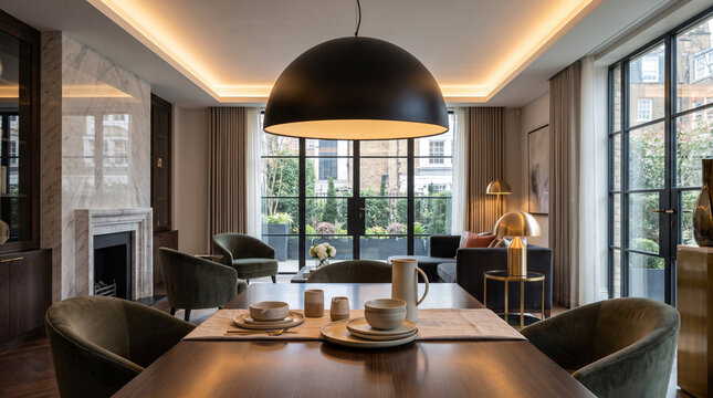 Modern matte black dome pendant light in a minimalist luxury kitchen.