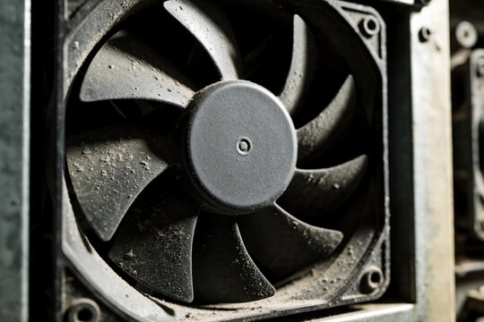 Close up macro view of dirty computer cooling fan. Dust buildup on black blades inside old PC case. Hardware needs maintenance to prevent overheating, tech failure. Dusty ventilation component causes