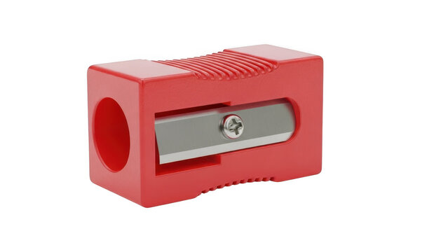 Bright red plastic pencil sharpener isolated on a clean black background with a modern design