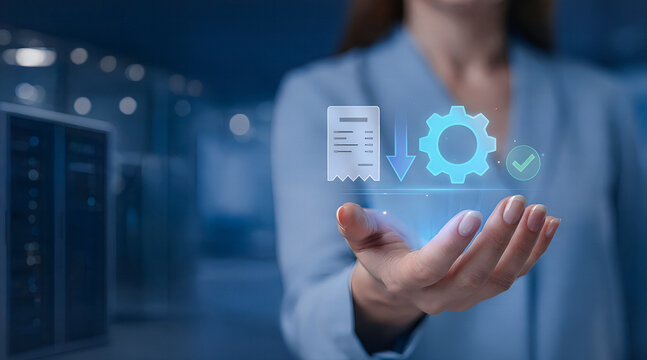 Businesswoman holding digital automated invoice processing and workflow gear icon in corporate office
