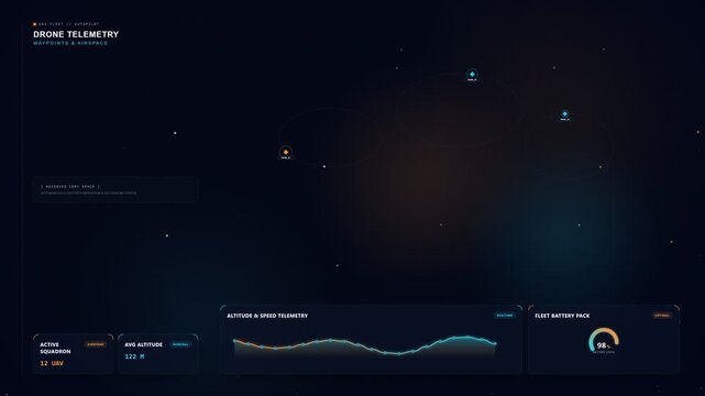 Drone fleet control dashboard with flight paths, telemetry and radar pulses, seamless loop