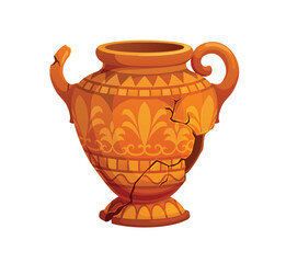 Vibrant cartoon cracked ancient Greek ceramic krater vase with two curved scroll handles. Vibrant antique damaged pottery with fleur de lis floral motifs for educational posters or exhibitions © Seavector