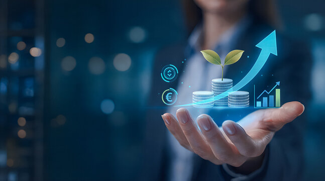 Businesswoman holding digital financial growth icon with growing plant on stack of coins and upward arrow
