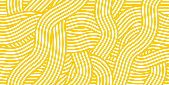 Asian ramen noodles seamless pattern or Italian pasta spaghetti background. Noodles pattern of yellow wave lines of linear wavy curves or Chinese or Japanese udon or vermicelli for food background