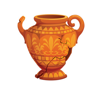Vibrant cartoon cracked ancient Greek ceramic krater vase with two curved scroll handles. Vibrant antique damaged pottery with fleur de lis floral motifs for educational posters or exhibitions
