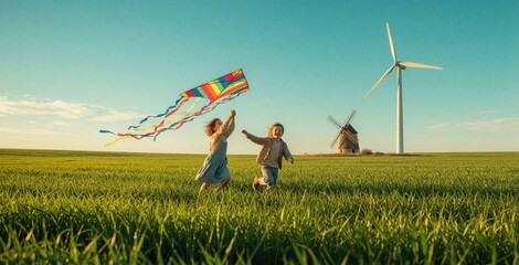 Naklejka premium Happy little girl flies colorful rainbow kite in green field. Two kids run, play near huge wind turbine, old windmill. Concept of clean renewable energy, sustainable future with happy children