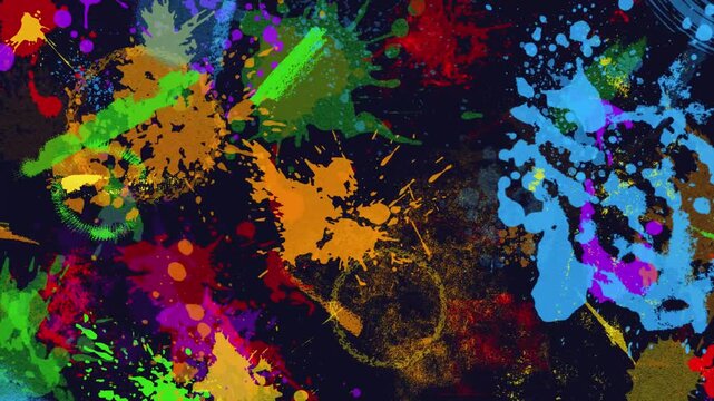 Colorful Paint Splash Splatter Animation,Grunge Ink Art Brush Strokes on Dark Background for Creative Video Transitions motion design element