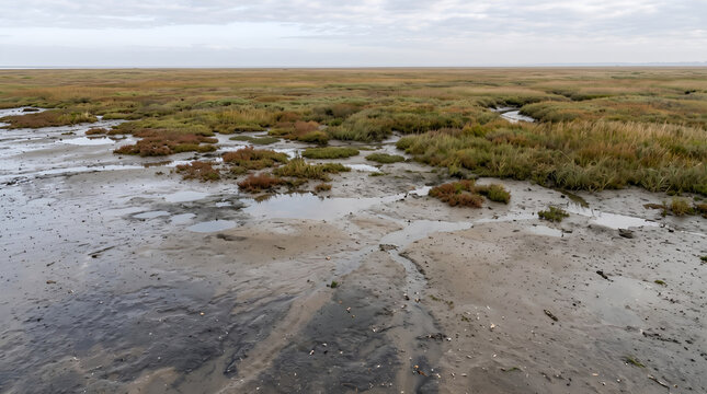 A tidal mudflat transitions into salt marsh vegetation and shallow pools. Ideal for coastal habitat restoration campaigns, biodiversity reports, and conservation presentations.
