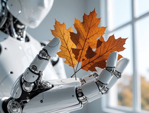 White humanoid robot hand holds bright orange autumn leaves. Mechanical cyborg finger grips dry maple foliage. Close up of robotic arm touching seasonal nature in bright room. Concept of eco tech, AI