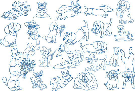 Cute Dog Breeds Doing Funny Activities, Line Art Doodle Clipart Vector Set