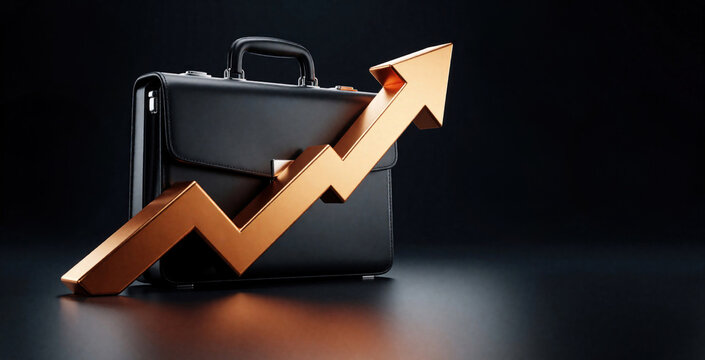 Black leather briefcase with large golden arrow pointing up. Business growth concept shows rising profit, financial success. Corporate pro bag represents wealth investment, market trend increase.