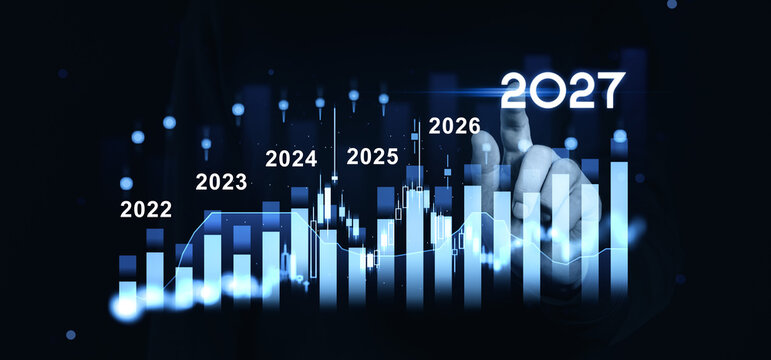2027 Future Forecast and New Year Business Growth Concept with Strategic Digital Charts, Rising Data, and Hand Touching Technology Planning.