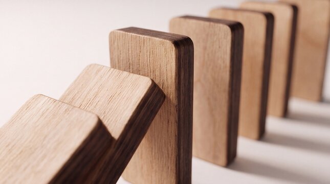 Row of wooden dominoes falling, one domino tilted and about to topple, concept of chain reaction and consequence, closeup on neutral background