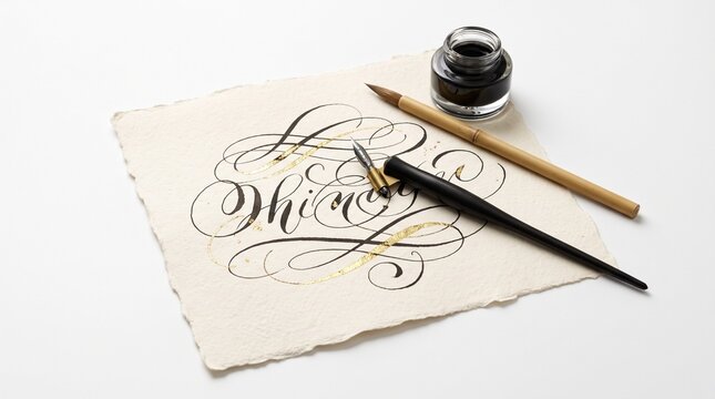 Vintage calligraphy set with inkwell and dip pen, elegant handwritten script lettering on handmade paper, art tools for typography design isolated PNG with Transparent Background