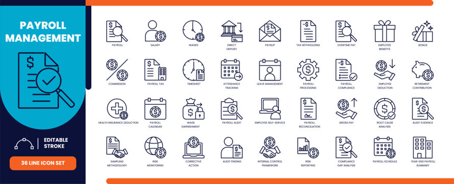 Payroll management line icon set with salary and employee symbols