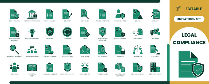 Legal compliance green glyph icon set with law and shield symbols