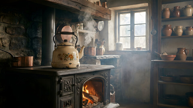 Rustic country kitchen with an antique wood burning stove boiling a vintage floral kettle and steam
