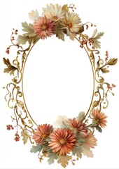 Fototapeta premium Vintage floral oval frame with autumn flowers.