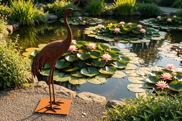 Naklejka premium Rusty metal crane sculpture stands near garden pond with pink water lilies. Artistic bird statue decorates landscape with green plants, calm water. Outdoor metal art piece sits on gravel path beside