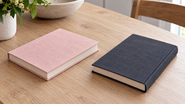 Pink and dark hardcover books on a wooden table, representing contrasting ideas, publishing, literature and reading