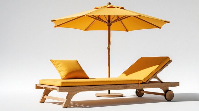 Wooden sun lounger with yellow cushion, matching umbrella on white background. Comfortable beach chair, parasol set for summer vacation. Relaxing outdoor furniture for resort, poolside, garden