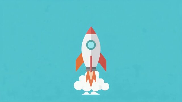 Flat rocket taking off against teal background