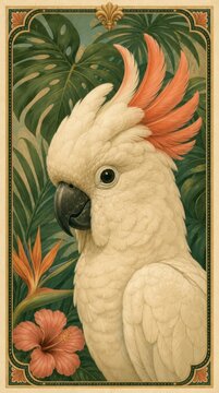 Vintage parrot illustration with tropical leaves, perfect for mobile wallpaper.