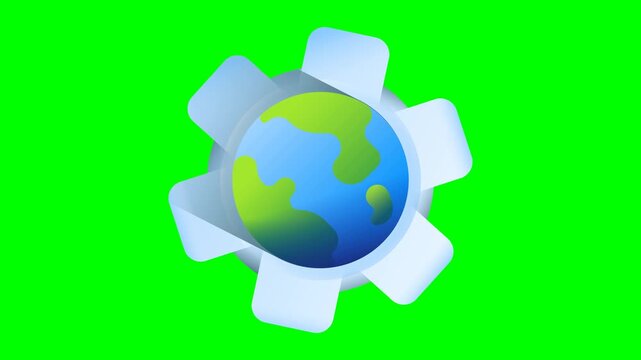 Commercial 10-second 4K seamless loop motion graphic depicting a mechanical system gear rotating steadily behind an upright Earth globe as a symbol of sustainable ecological systems working for the pl