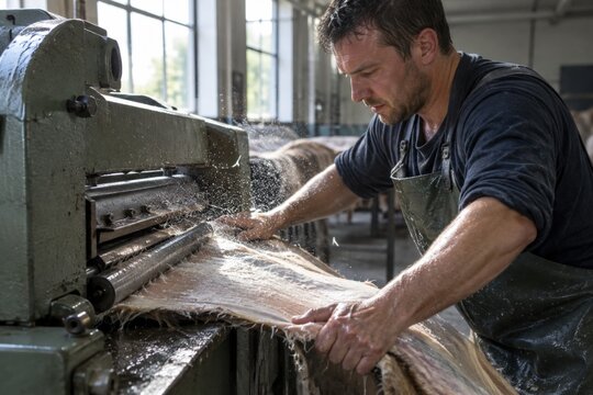 Fleshing Machine Running as a European Worker Guides a Hide Through Wet Tannery Equipment During Leather Production Process
