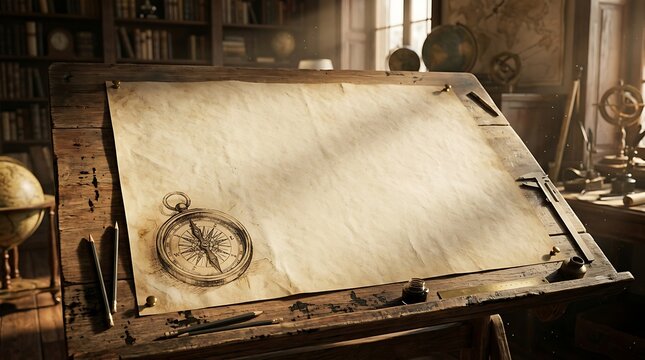 Vintage compass sketch on blank parchment paper resting on a wooden