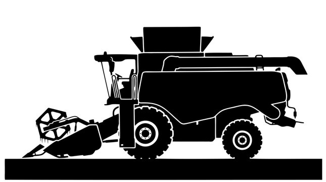 Combine harvester machine silhouette vector illustration, modern agricultural grain crop harvesting vehicle for smart farming equipment design.