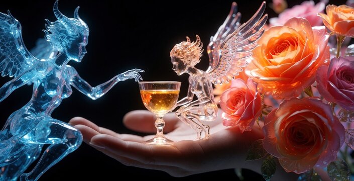Tiny glass angel, devil figurines sit near cocktail glass on human palm. Blue demon meets golden winged cherub beside bright orange roses. Fantasy concept of good versus evil in miniature scale with
