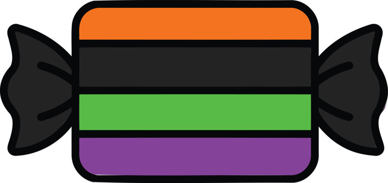 Candy Bar Illustration with Colorful Stripes and Black Foil Wrapper. Halloween Treat Icon, Festive Design Element