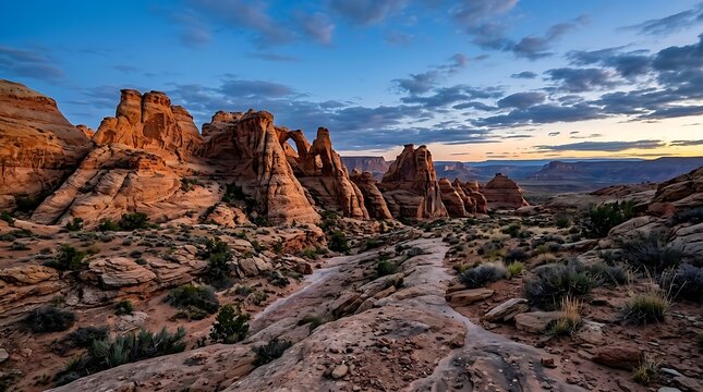 Desert canyon rock formations with natural arch at sunset golden hour