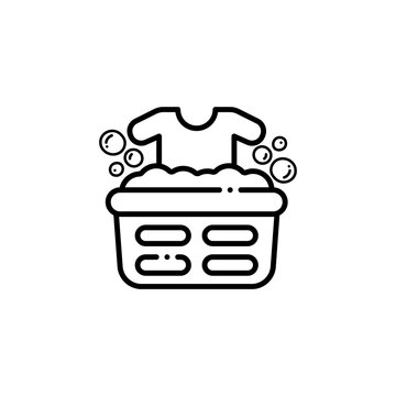 Laundry basket with clothes and soap bubbles vector icon illustration