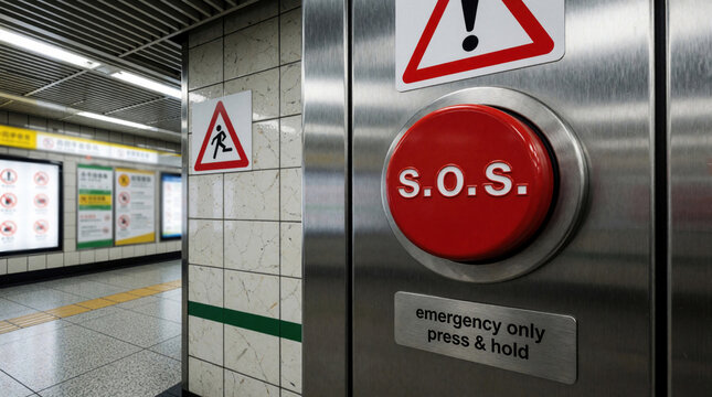Close up of red SOS emergency button in subway station. Metal panel warning sign, instruction to press, hold. Underground metro platform with yellow tactile paving, transit signs in background.