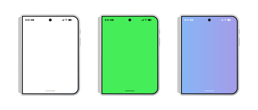 Foldable Smartphone Mockup Vector Illustration Set. Modern Fold Mobile Screen Template