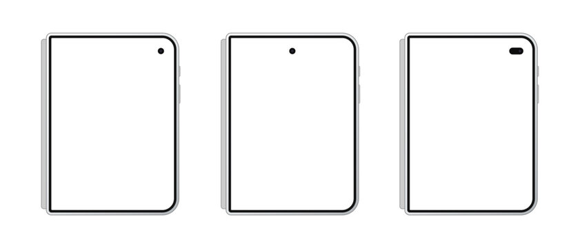 Foldable Smartphone Mockup Vector Illustration Set. Modern Fold Mobile Screen Template. Editable Stroke EPS10