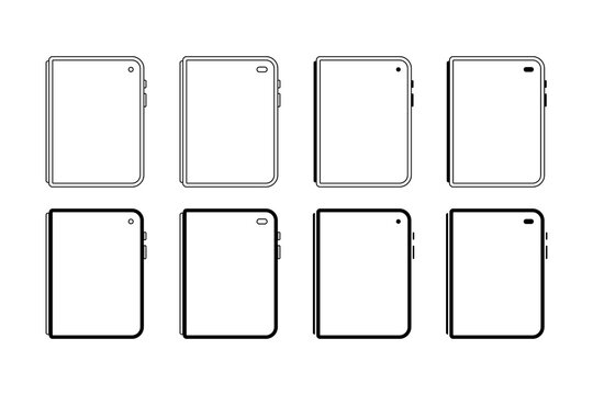 Foldable Smartphone Mockup Vector Illustration Set. Outline Fold Mobile Screen Template