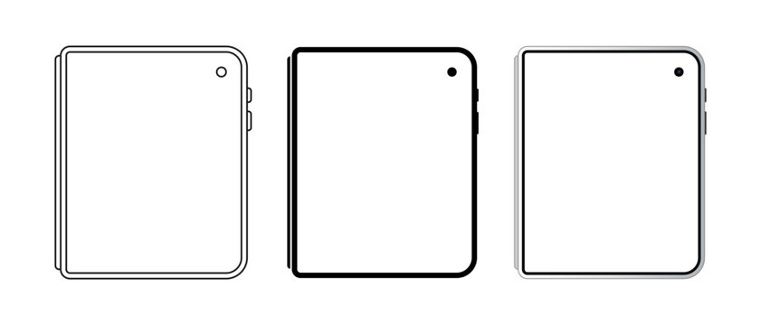Foldable Smartphone Mockup Vector Illustration Set. Modern Fold Mobile Screen Template