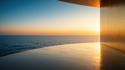 Fototapeta premium Modern luxury villa terrace overlooks calm blue ocean at sunset. Golden sun shines over sea horizon from minimal architecture balcony. Peaceful seascape view with warm sunlight, empty terrace
