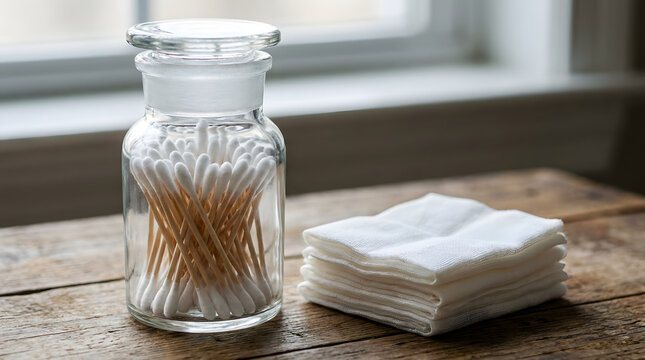 Glass jar filled with cotton swabs next to folded gauze pads on wooden table