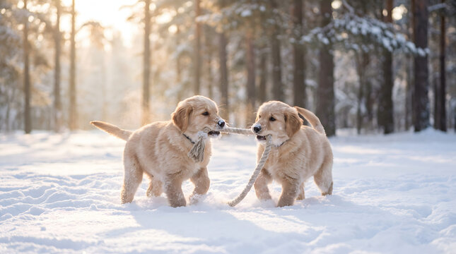 Two charming Golden Retriever puppies engage in a playful tug-of-war game with a rope amidst a picturesque snowy winter forest. Bathed in soft, warm golden sunlight, they exude pure joy and energet...