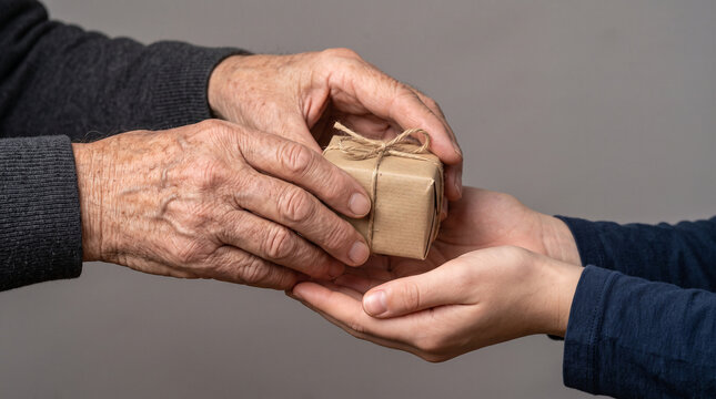 Elderly hands giving a gift to a child&rsquo;s hands symbolizing Giving Tuesday  