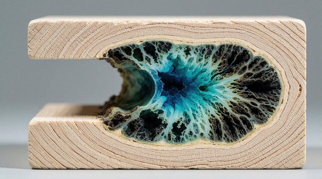 Close up view of damaged wood structure with water infiltration. Blue mold, biological growth spread inside timber material. Internal rot, moisture decay cause organic fungal problem in building