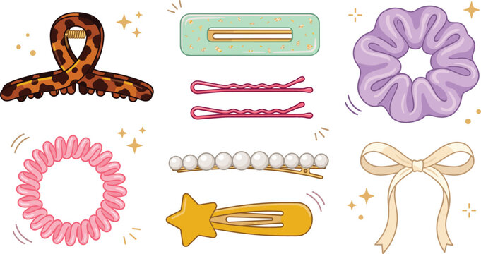 Trendy hair accessories vector collection including claw clip scrunchie spiral tie bobby pins barrette bow and pearl hairpins