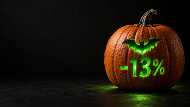 Carved pumpkin with -13% discount and bat glowing green on black, spooky Halloween sale banner