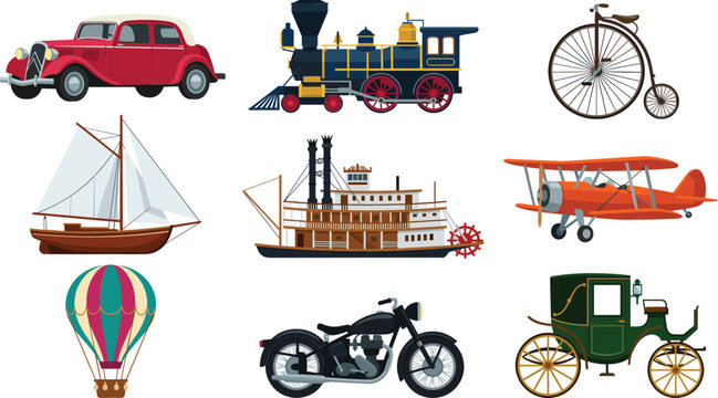 Vintage transportation vector set featuring classic retro car steam train penny farthing bicycle steamboat biplane motorcycle carriage balloon