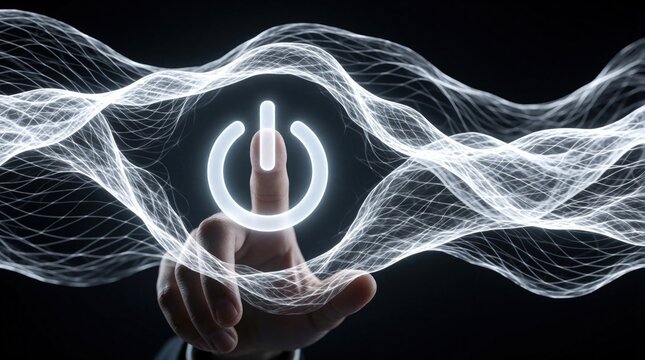 Human hand reaches out to touch glowing power button icon. Digital energy waves flow through dark space. Futuristic concept shows finger activating electronic system with bright light. Abstract