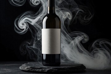 Naklejka premium Elegant dark wine bottle with blank white label sits on stone slate. Swirling white smoke creates moody atmosphere around glass. Premium alcohol product mockup for luxury branding winery